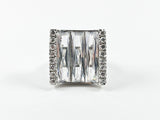 Classic Elegant Curve Square 3 Row Detailed Cut Silver Ring