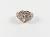 Unique Cute Heart Shape Pink & Clear CZ Silver Ring