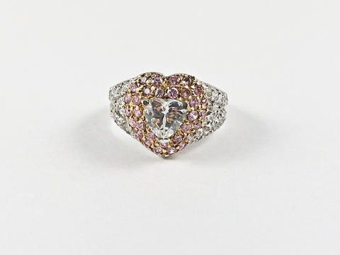 Unique Cute Heart Shape Pink & Clear CZ Silver Ring