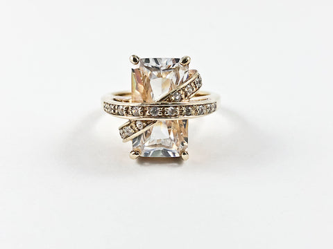 Elegant Classic Rectangle Shape Criss Cross Design Over Center Stone Silver Ring