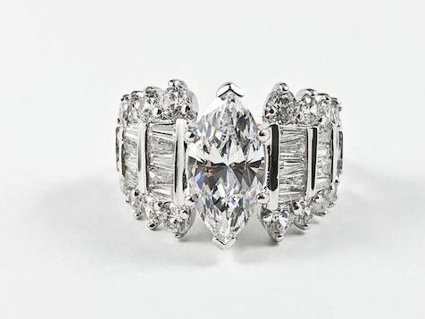 Elegant Stylish Sharp Marquise Cut Center CZ With Baguette Band Silver Ring