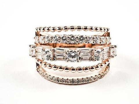 Elegant Fine Multi Row Unique Pattern Band CZ Pink Gold Tone Silver Ring