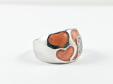 Elegant Unique Heart Shape Orange Color Swirl Pattern Silver Ring