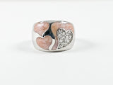 Elegant Unique Heart Shape Peach Color Swirl Pattern Silver Ring