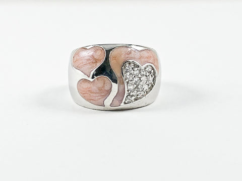 Elegant Unique Heart Shape Peach Color Swirl Pattern Silver Ring
