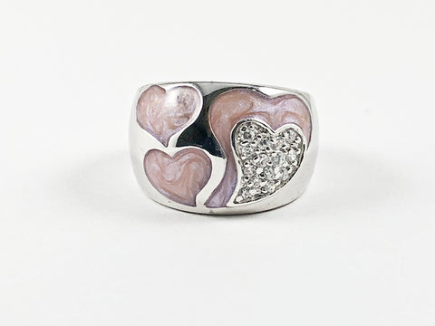 Elegant Unique Heart Shape Pink Color Swirl Pattern Silver Ring
