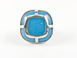Modern Unique Turquoise Color Enamel Square Design Silver Ring