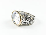 Vintage 2 Tone Style Oval Cut Large Center CZ Silver Ring