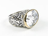 Vintage 2 Tone Style Oval Cut Large Center CZ Silver Ring