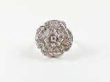 Elegant Detailed Rose Petal Pink CZ Silver Ring