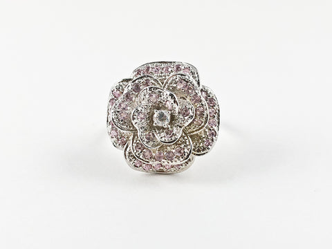 Elegant Detailed Rose Petal Pink CZ Silver Ring