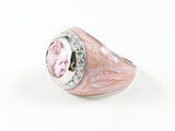 Creative Pink Swirl Band With Center Pink CZ Silver Ring
