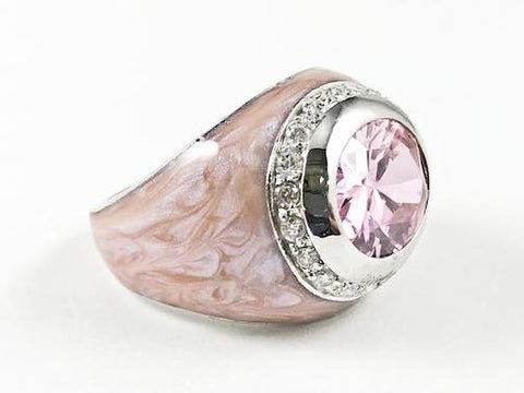 Creative Pink Swirl Band With Center Pink CZ Silver Ring