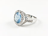 Elegant Fine Round Shape & Cut Halo Design Center Aquamarine CZ Silver Ring