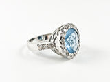 Elegant Fine Round Shape & Cut Halo Design Center Aquamarine CZ Silver Ring