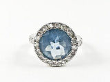 Elegant Fine Round Shape & Cut Halo Design Center Aquamarine CZ Silver Ring