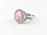 Elegant Fine Round Shape & Cut Halo Design Center Pink CZ Silver Ring