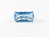 Elegant Thin Rectangular Cut & Shape Center Aquamarine CZ Silver Ring