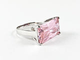 Elegant Thin Rectangular Cut & Shape Center Pink CZ Silver Ring