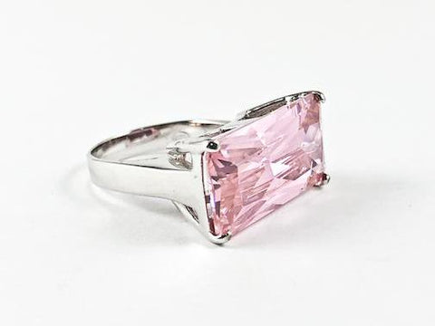 Elegant Thin Rectangular Cut & Shape Center Pink CZ Silver Ring