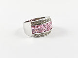 Classic Elegant 3 Row Pink CZ Center Square Cut Silver Ring