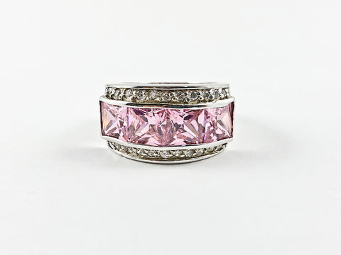 Classic Elegant 3 Row Pink CZ Center Square Cut Silver Ring