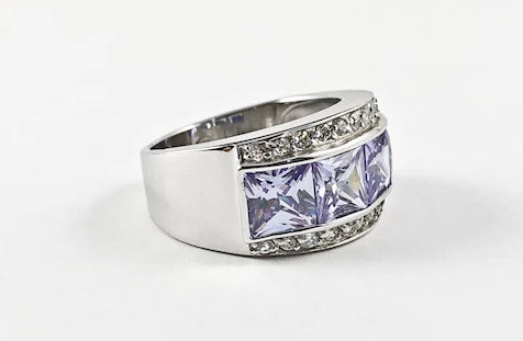 Classic Elegant 3 Row Purple CZ Center Square Cut Silver Ring