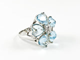 Beautiful Star Floral Shape 5 Light Blue CZ Heart Cut Design Silver Ring