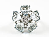 Beautiful Star Floral Shape 5 Light Blue CZ Heart Cut Design Silver Ring