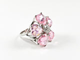 Beautiful Star Floral Shape 5 Pink CZ Heart Cut Design Silver Ring