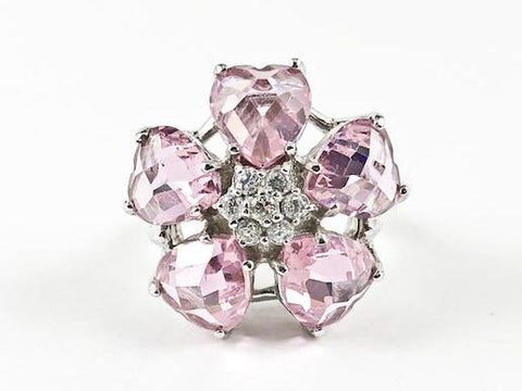 Beautiful Star Floral Shape 5 Pink CZ Heart Cut Design Silver Ring