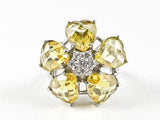 Beautiful Star Floral Shape 5 Yellow CZ Heart Cut Design Silver Ring