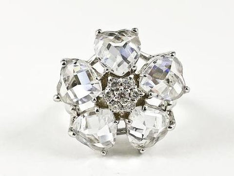 Beautiful Star Floral Shape 5 CZ Heart Cut Design Silver Ring