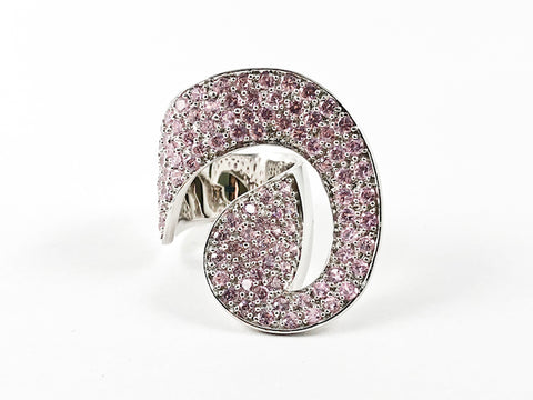 Unique Large Curved Shape With Pink Crystals Thick Silver Ring