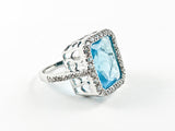 Classic Elegant Thick Rectangle Shape Aquamarine Center CZ Silver Ring