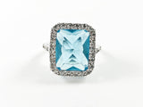 Classic Elegant Thick Rectangle Shape Aquamarine Center CZ Silver Ring