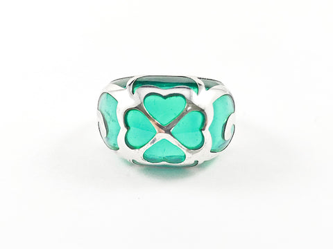 Unique Fun Colorful Green Enamel With Heart Pattern Silver Ring