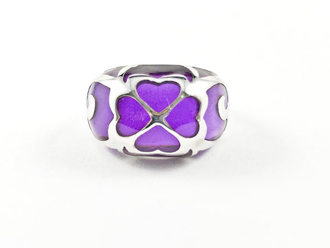 Unique Fun Colorful Purple Enamel With Heart Pattern Silver Ring