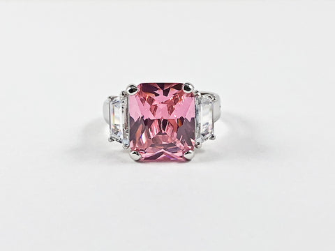 Classic Trillion Style Design Pink Center Square CZ Silver Ring
