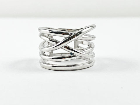 Unique Modern Multiple Criss Cross Design Pattern Metallic Silver Ring