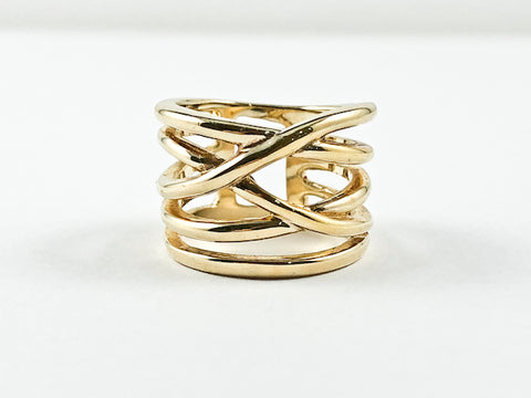 Unique Modern Multiple Criss Cross Design Pattern Gold Tone Metallic Silver Ring