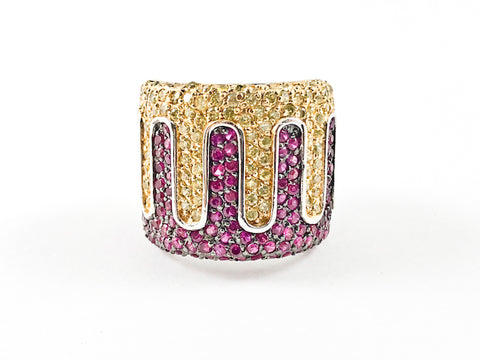 Fancy Elegant Yellow & Fuchsia Color Micro Pave CZ Design Thick Silver Ring