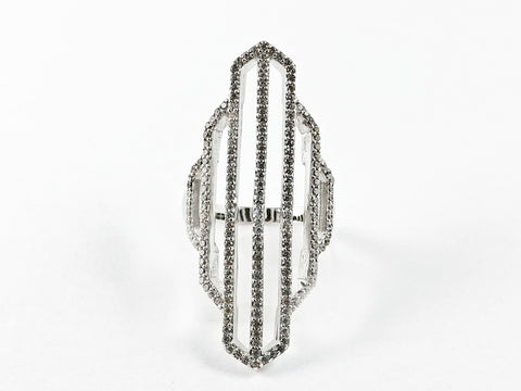 Elegant Long Diamond Form Shape Open CZ Silver Ring