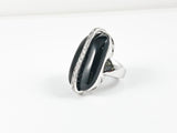 Unique Long Oval Shape Onyx Stone With CZs Middle Design Silver Ring