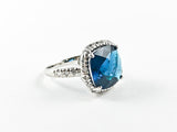 Classic Center Square Sapphire Color CZ With Micro CZ Frame Silver Ring