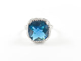 Classic Center Square Sapphire Color CZ With Micro CZ Frame Silver Ring