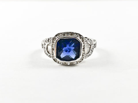 Elegant Square Shape Center Sapphire Color CZ Trillion Style Silver Ring