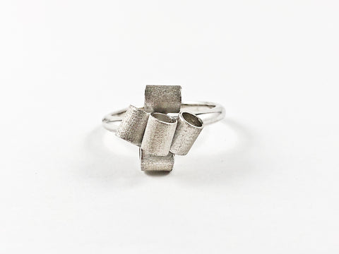 Unique Multi Geometric Brushed Cylinders Dainty Silver Ring