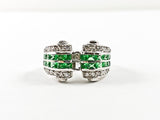 Elegant Unique Scroll Design Green Color CZ Silver Ring