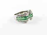 Elegant Unique Scroll Design Green Color CZ Silver Ring